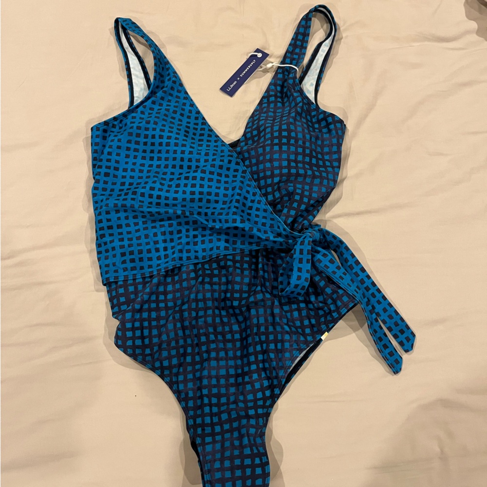 LL Bean x Summersalt the perfect wrap one piece swimsuit, size 14, two tone blue